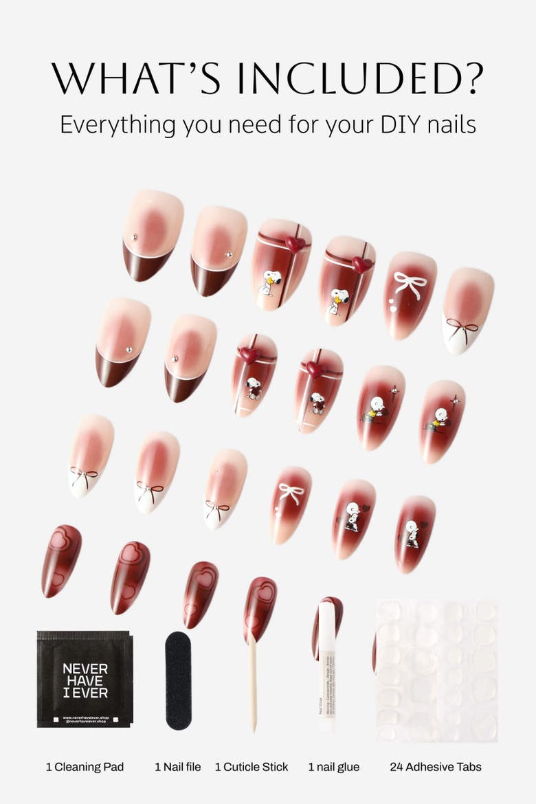 Hearts Of Snoopy Almond Press On Nails, Alternate, color, Red