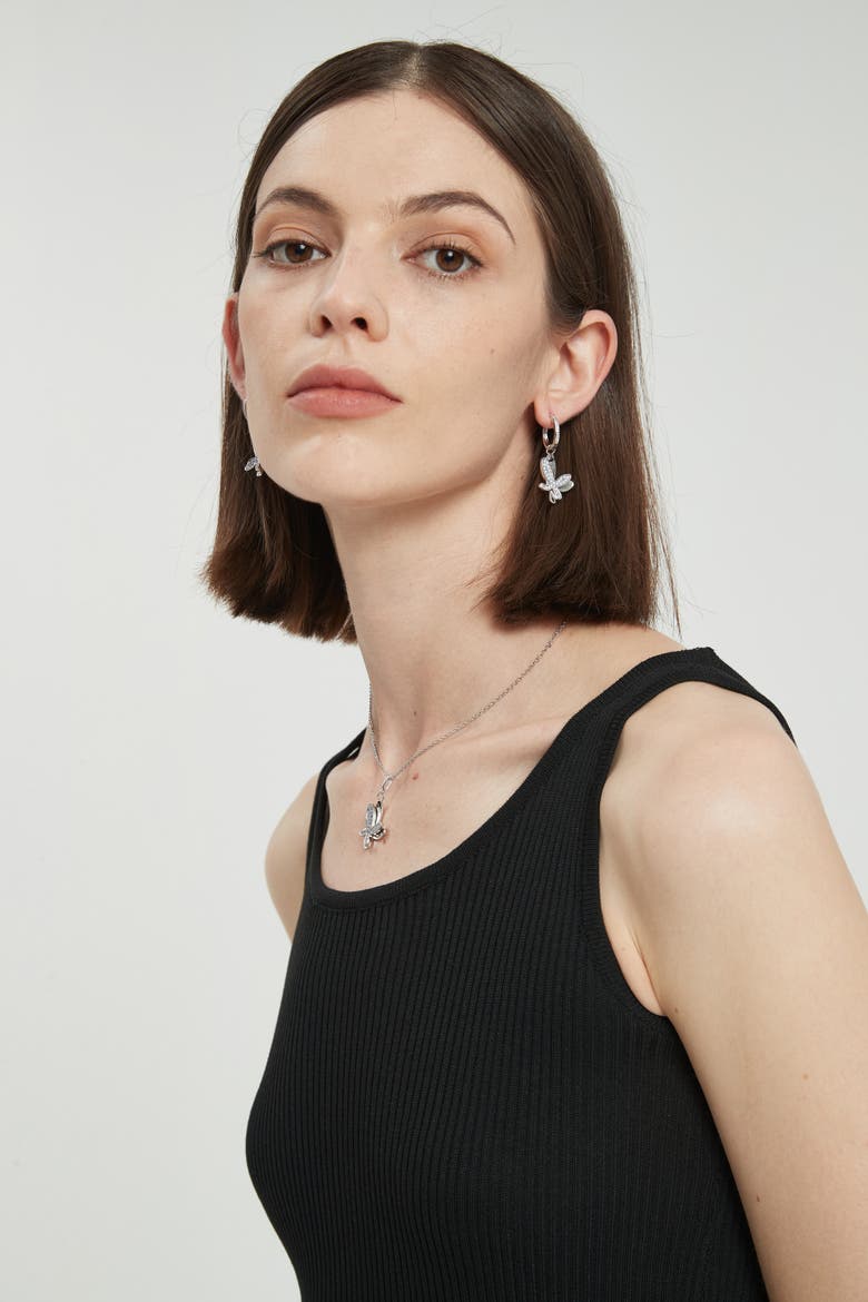 Pavé Butterfly Dangle Drop Hoop Earrings, Alternate, color, Silver/Clear