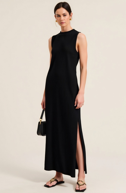 Modenaire Sleeveless Ribbed Knit Midi Dress With Side Slit And Crew Neckline In Black