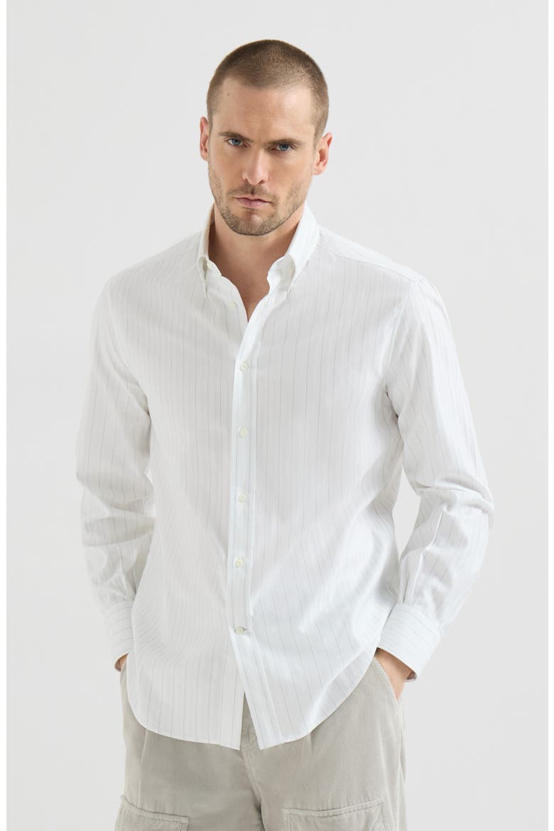 Cotton textured striped chevron shirt with button-down collar, Main, color, White