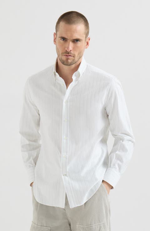 Cotton textured striped chevron shirt with button-down collar