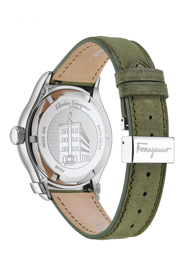 Salvatore Ferragamo Sport Leather Strap Watch, 44mm, Alternate, color, GREEN/ BLACK/ SILVER