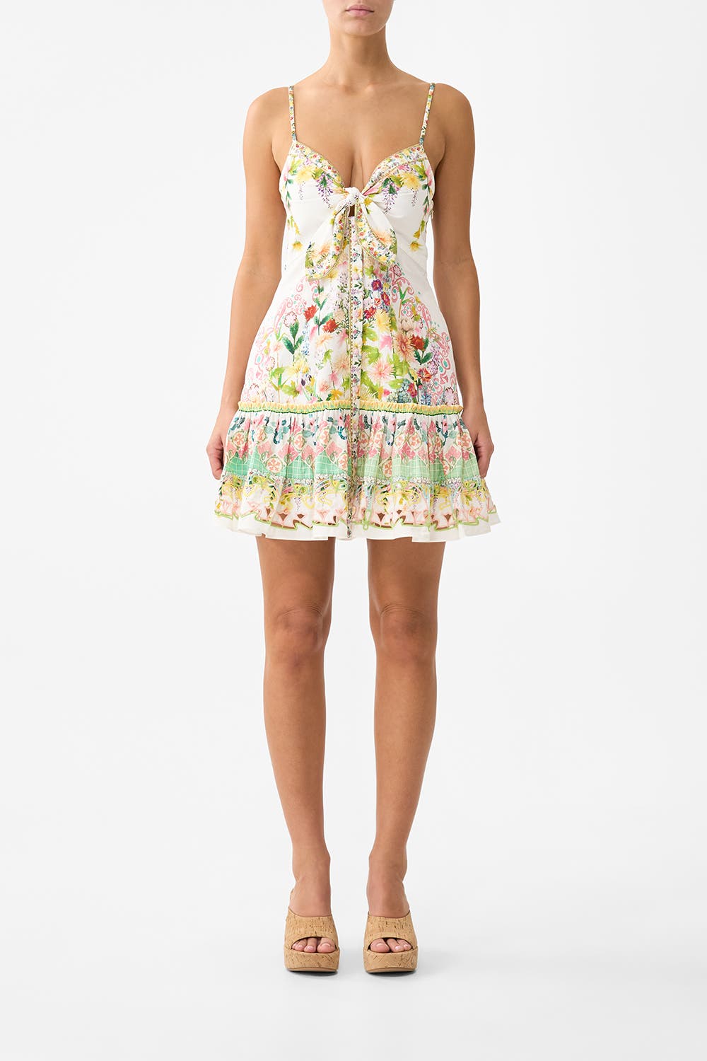 Tie Front Short Dress With Hem Ruffle