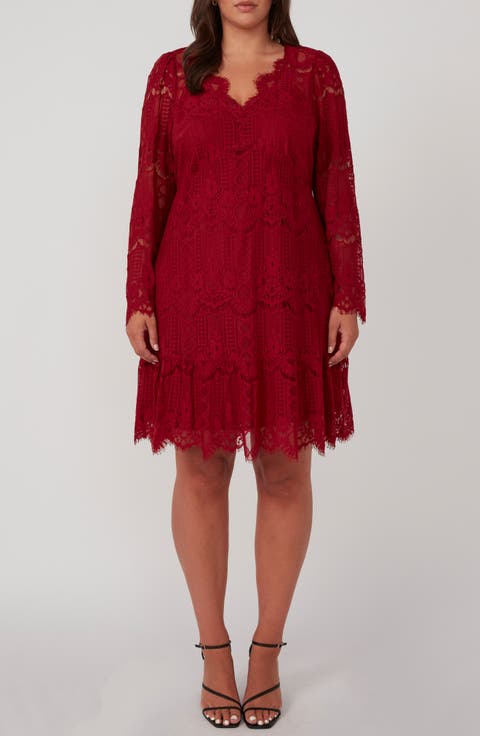 Lace Overlay Long Sleeve Dress (Plus)