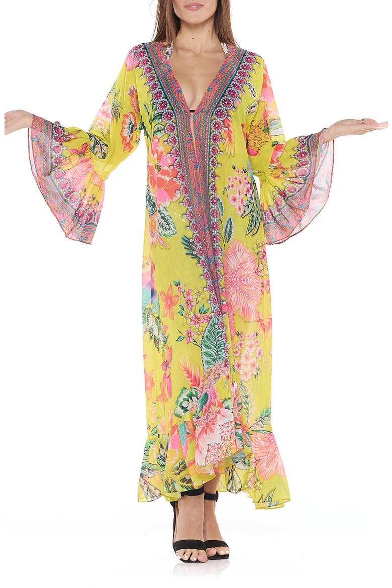 Floral Print Ruffle Cover-Up Duster, Alternate, color, YELLOW