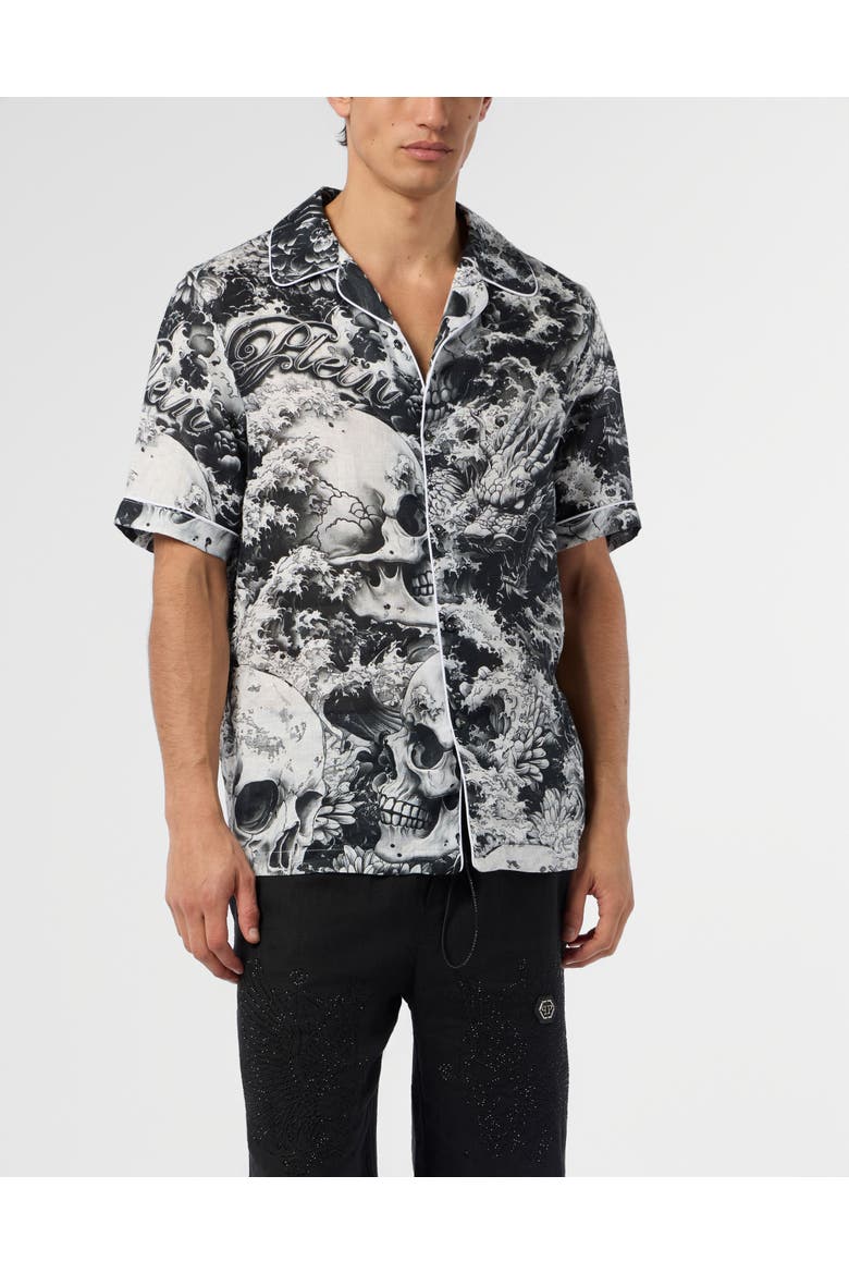 Linen Bowling Shirt All-Over Ceramic Men, Main, color, black