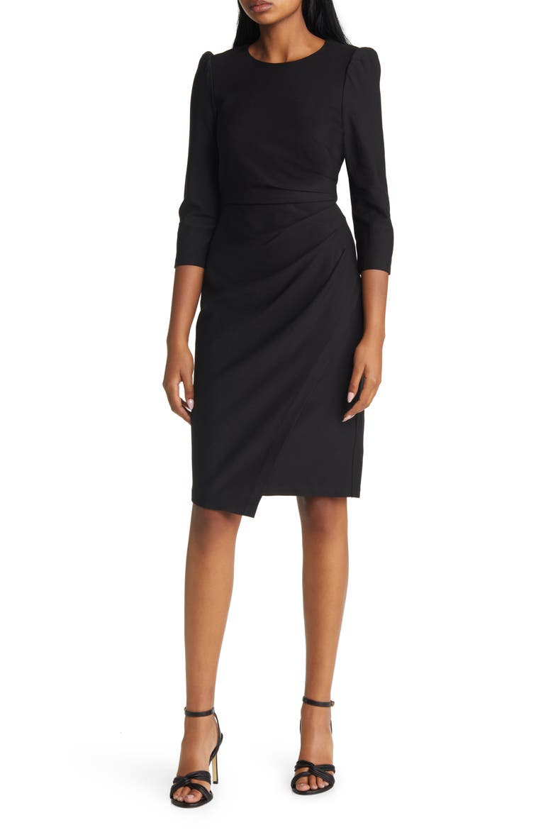 Pleated Long Sleeve Dress, Main, color, BLACK