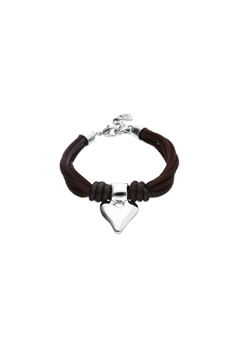 Silk-Effect Thread Blend Bracelet with Brown Leather and Heart Detail, Main, color, Silver
