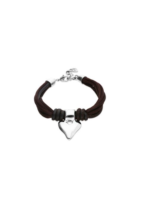 Silk-Effect Thread Blend Bracelet with Brown Leather and Heart Detail