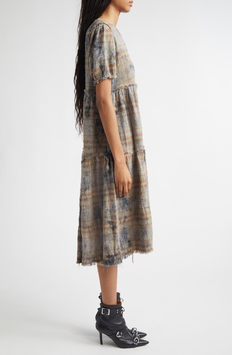 R13 Plaid Shredded Relaxed Cotton Flannel Midi Dress, Alternate, color, Overdyed Light Blue Plaid