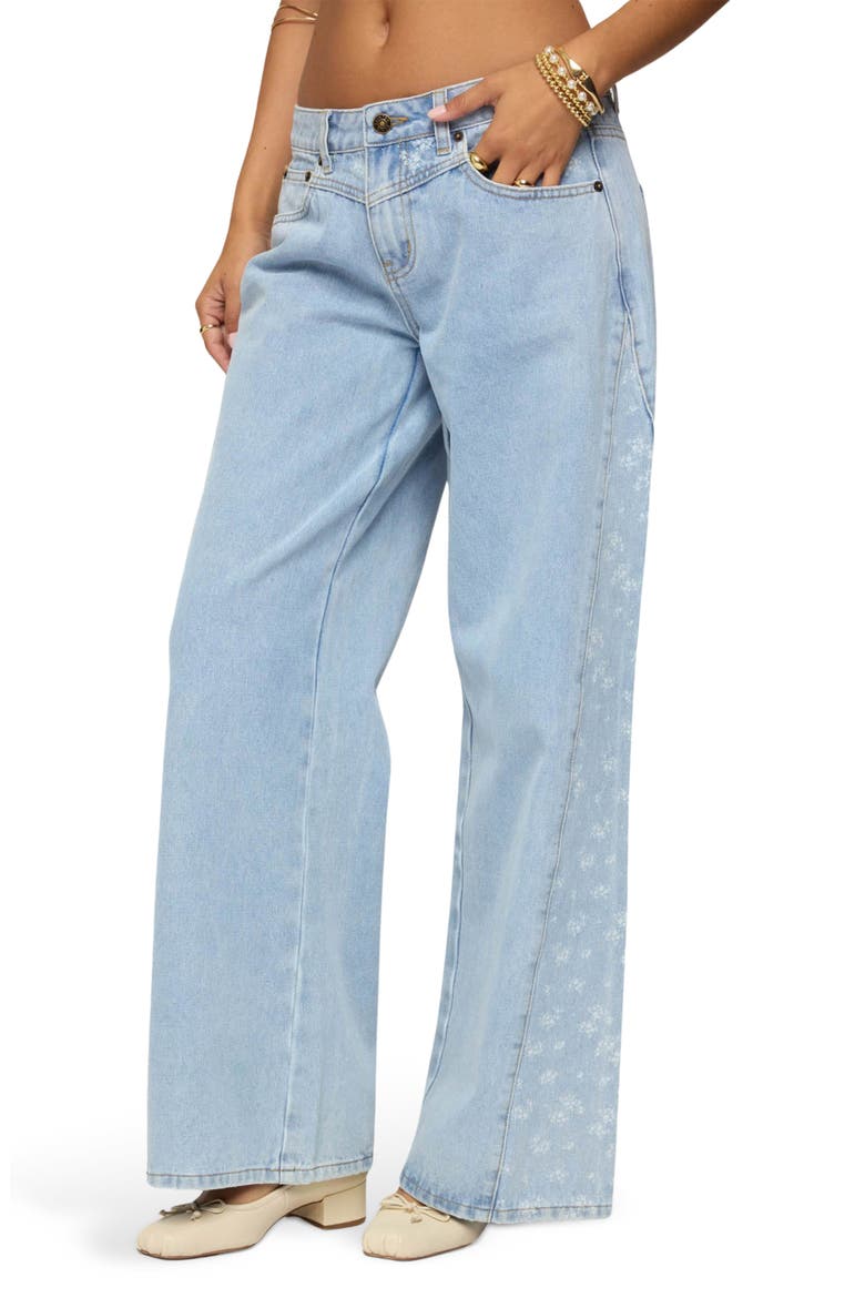 Floral Panel Low Rise Wide Leg Jeans, Alternate, color, BLUE-WASHED