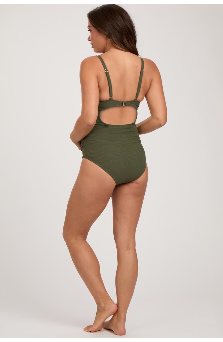 PinkBlush Ribbed V-Neck Ruched Back Cut-Out One Piece Swimsuit, Alternate, color, Olive Green