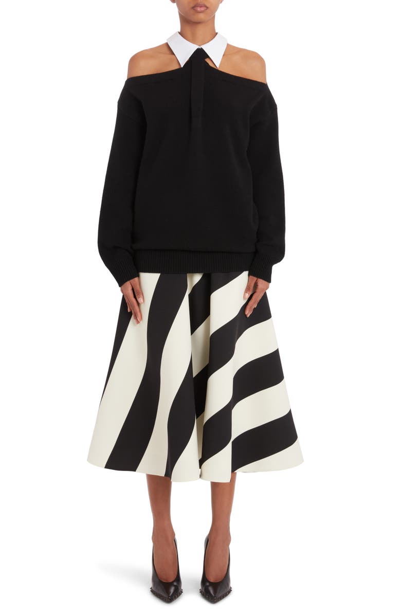 Valentino Cold Shoulder Virgin Wool Sweater, Alternate, color, Nero/ Bianco