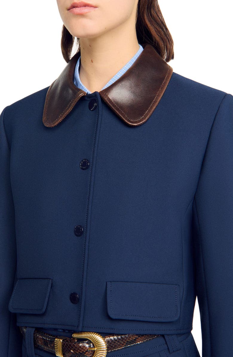 SANDRO Cropped jacket with leather collar, Alternate, color, Navy Blue