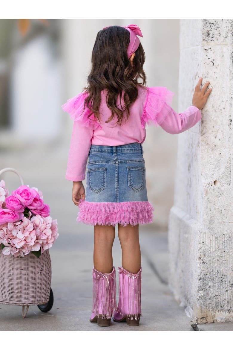 Girls Pink Ruffle Top and Feather Trim Denim Skirt Set, Alternate, color, Pink