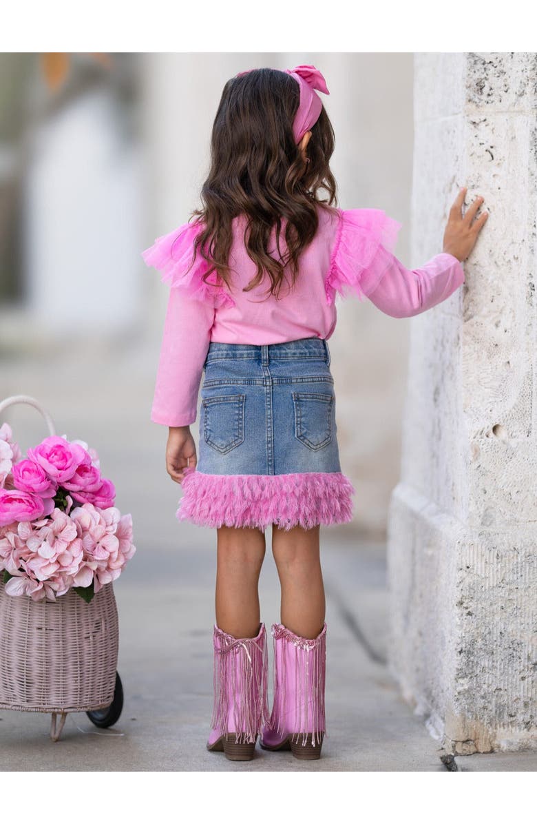 Mia Belle Girls Girls Pink Ruffle Top and Feather Trim Denim Skirt Set, Alternate, color, Pink
