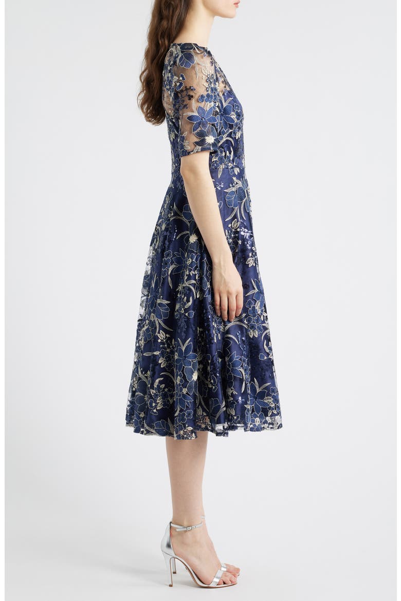 Illusion Embroidered Fit & Flare Cocktail Dress, Alternate, color, NAVY