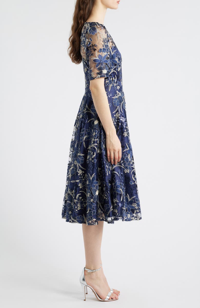 Eliza J Sequin Floral Embroidery Fit 
Flare Cocktail Midi Dress, Alternate, color, Navy