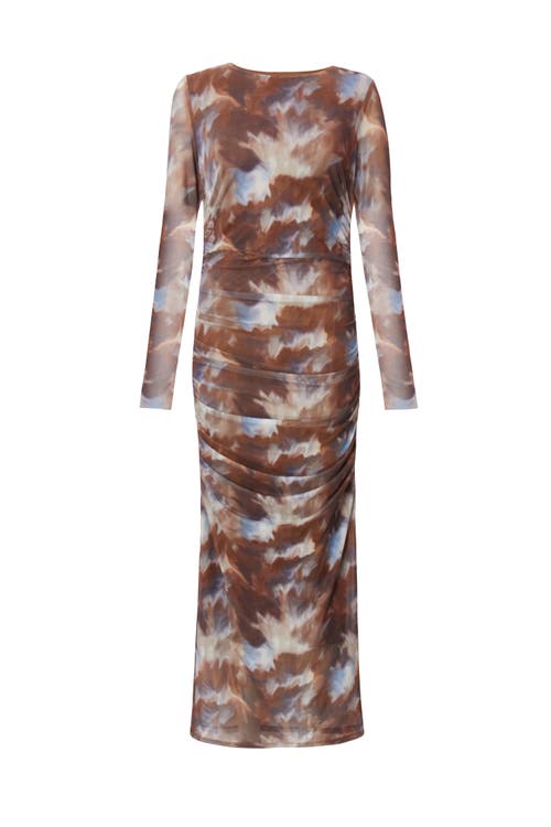 Quiz Mesh Long Sleeve Maxi Dress In Brown