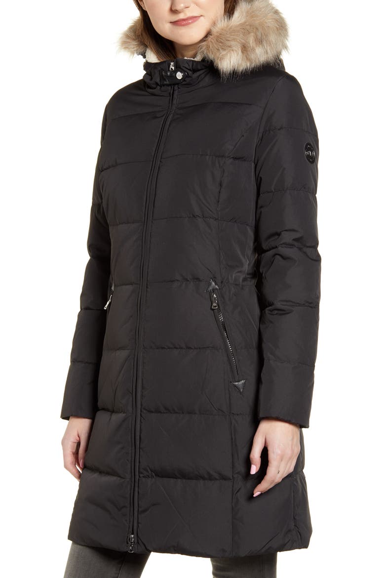 Quilted Faux Shearling Lined Down & Feather Parka, Alternate, color, BLACK