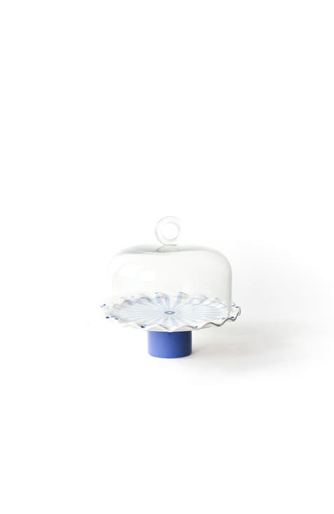 Iris Blue Burst Small Ruffle Cake Stand with Glass Dome