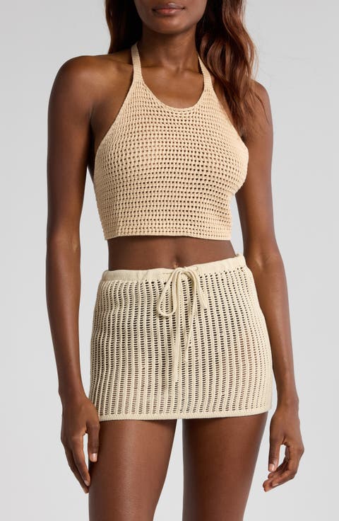 Open Stitch Halter Crop Cover-Up Top