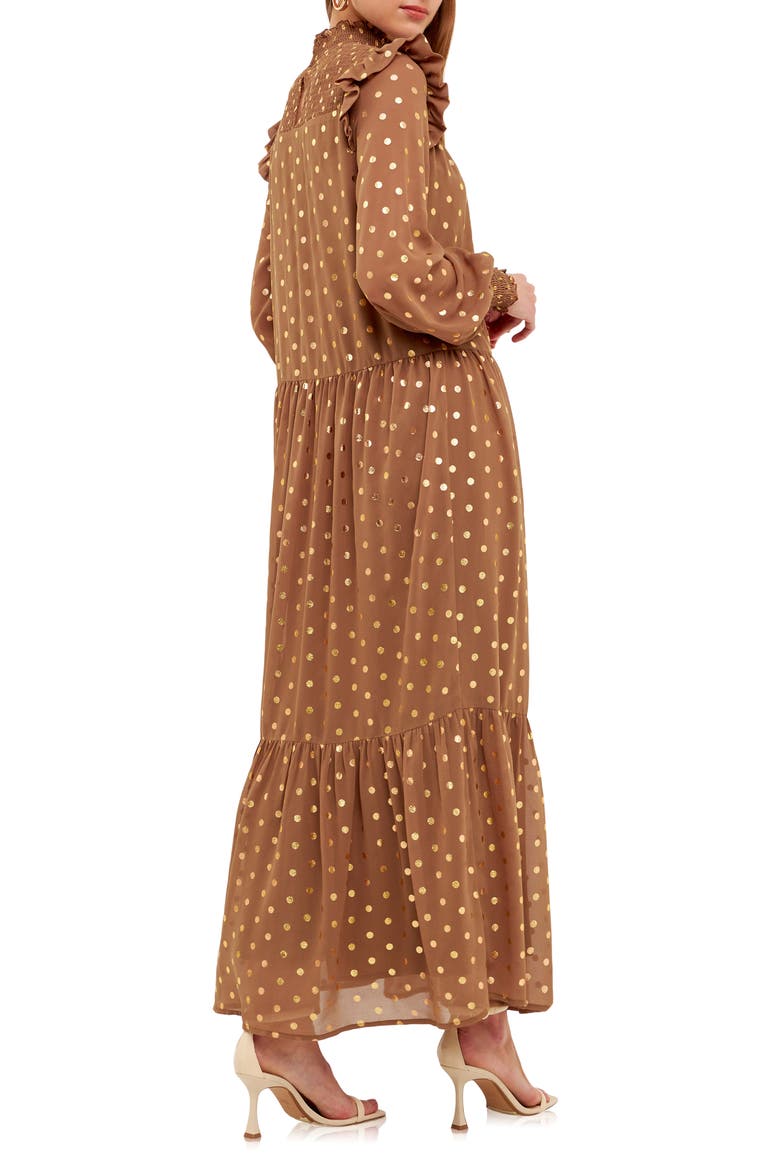 Metallic Dot Tie Waist Long Sleeve Maxi Dress, Alternate, color, TAN