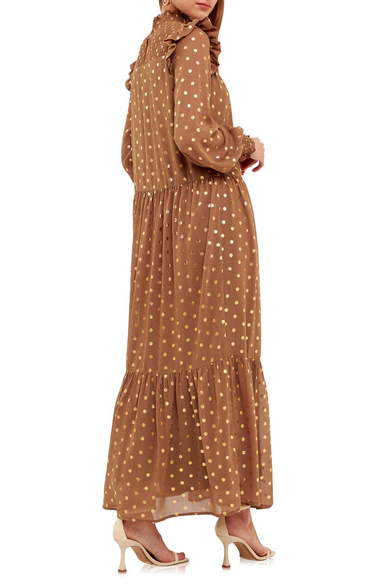 Endless Rose Metallic Dot Tie Waist Long Sleeve Maxi Dress, Alternate, color, Tan