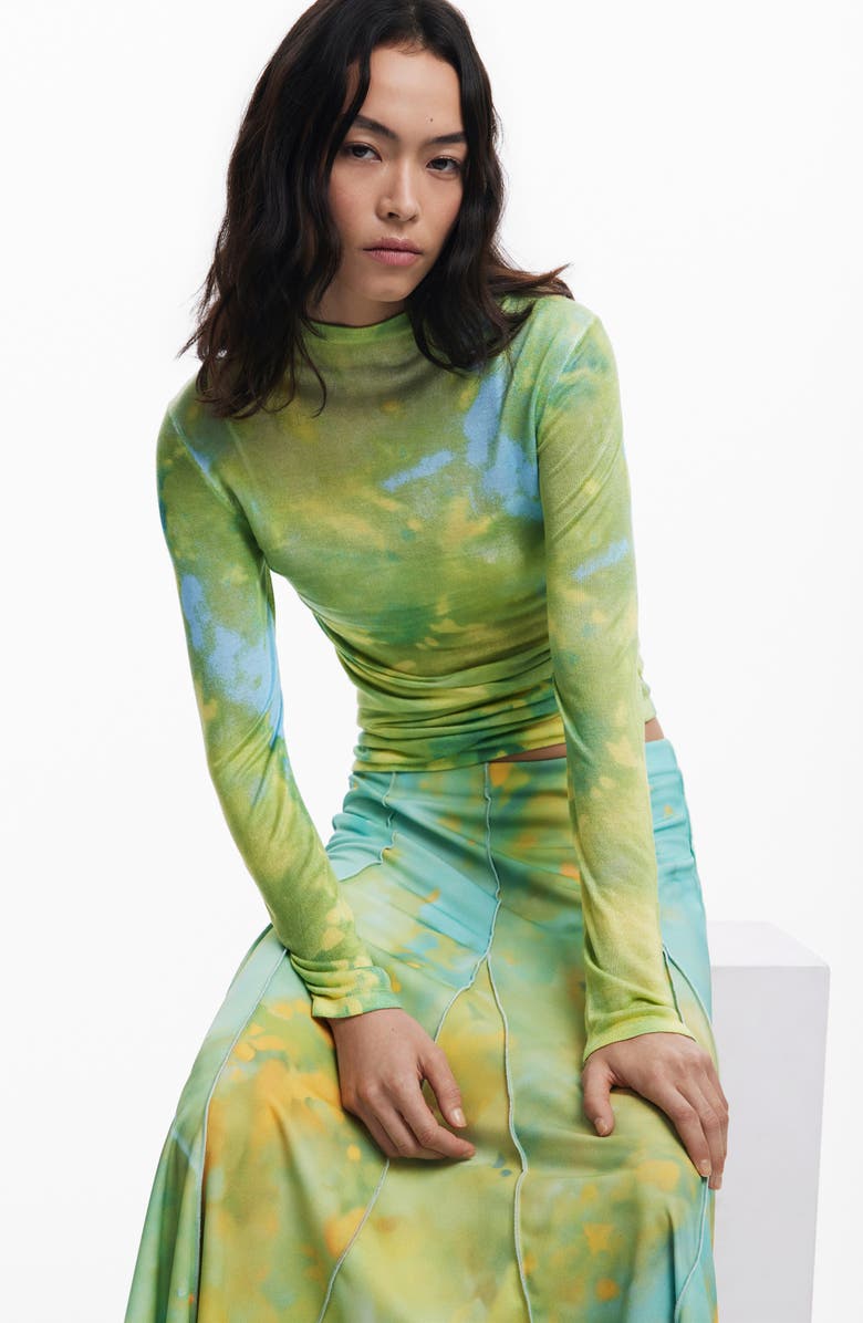 Desigual Print Godet Maxi Skirt, Alternate, color, Blue/ Green