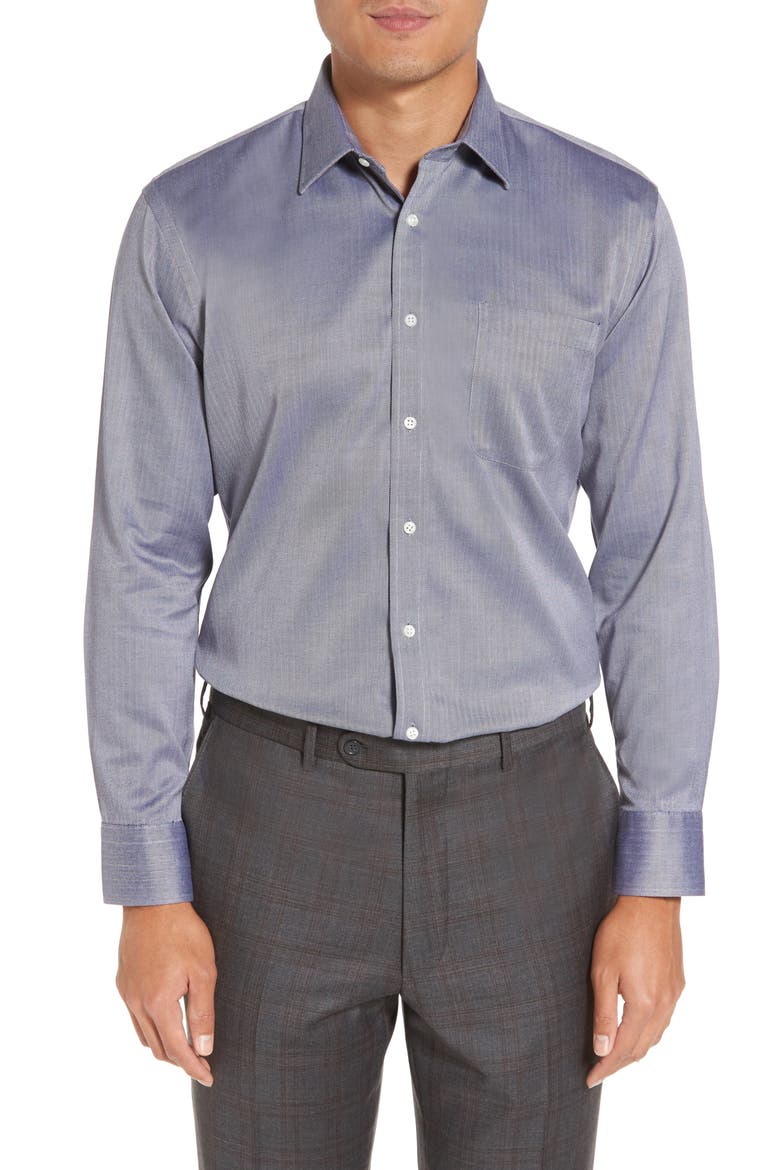 Mens Shop Smartcare™ Trim Fit Herringbone Dress Shirt, Main, color, NAVY PATRIOT
