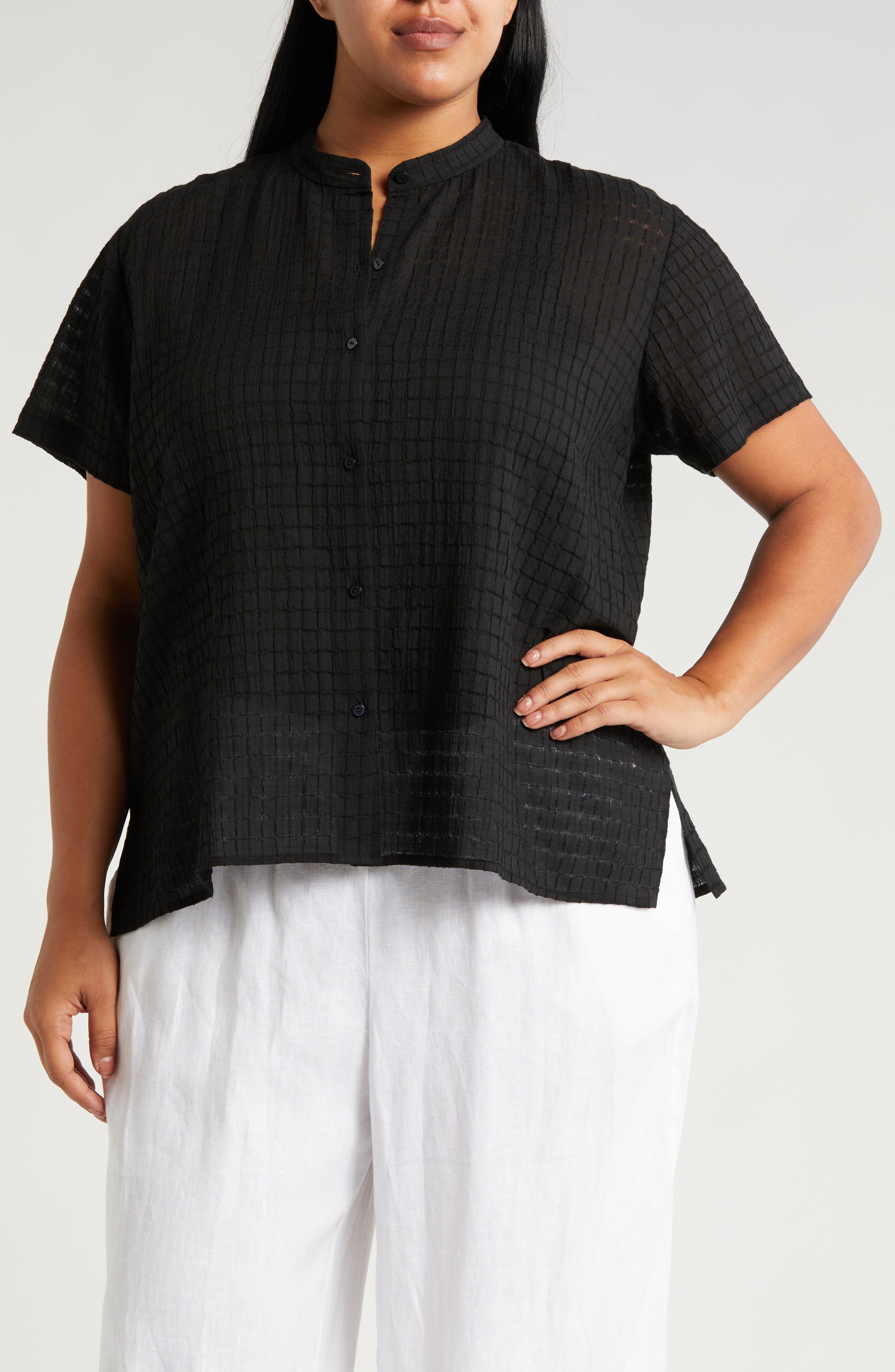 Grid Mandarin Collar Stretch Organic Cotton Shirt
