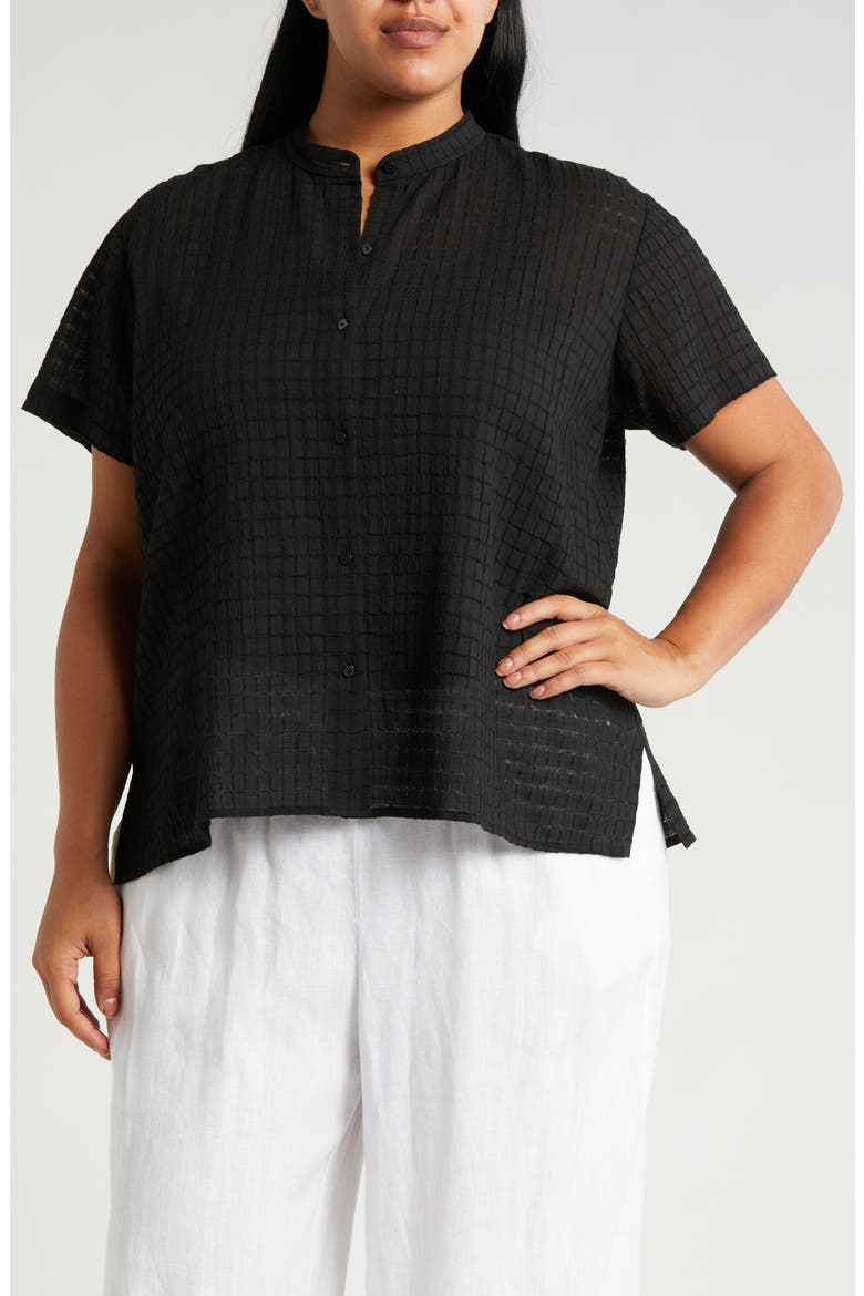 Grid Mandarin Collar Stretch Organic Cotton Shirt, Main, color, BLACK