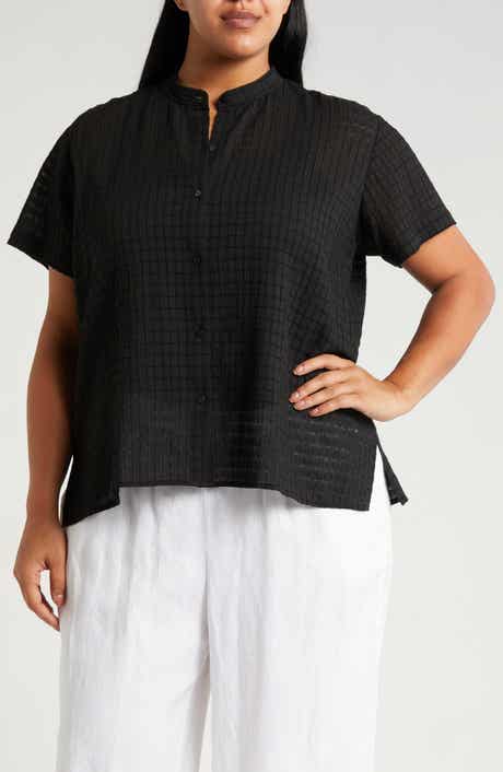 Grid Mandarin Collar Stretch Organic Cotton Shirt