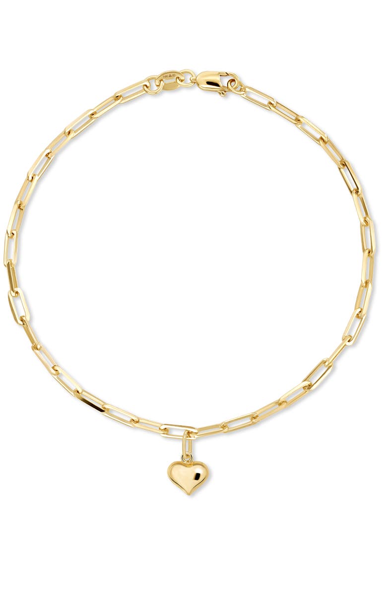 DEVATA Sweet Heart Charm with Paperclip Chain Bracelet in 14K Gold, 7.5", Main, color, Yellow Gold