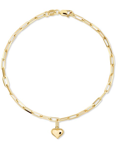 Sweet Heart Charm with Paperclip Chain Bracelet in 14K Gold, 7"