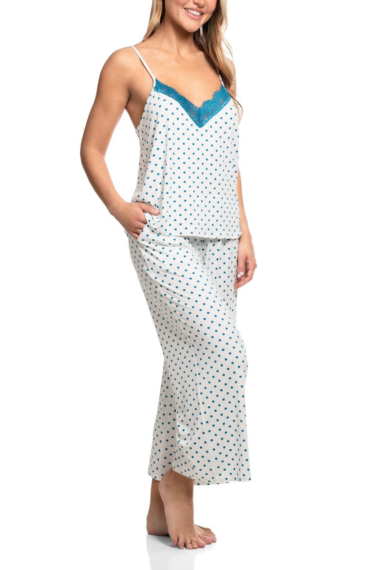 Aimee Cropped Pajama Set, Alternate, color, IVORY/ TEAL DOT