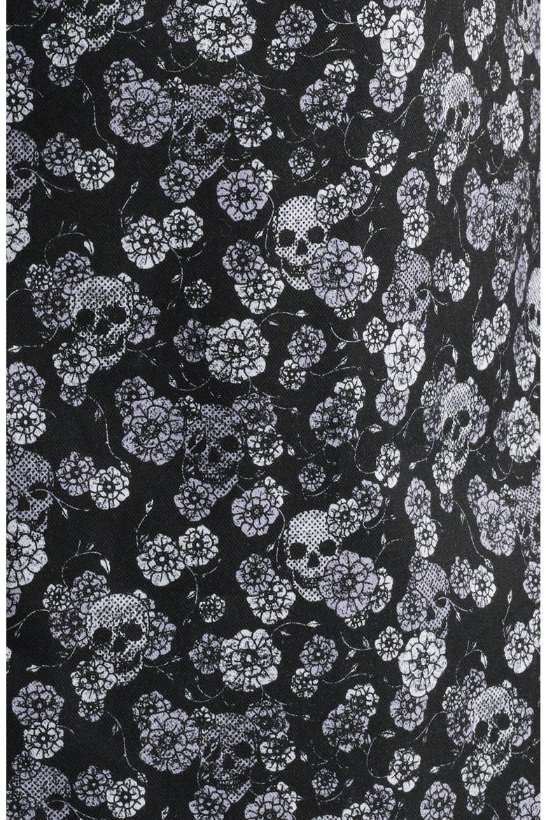 Summer Crush Skulls & Flowers Print Short Sleeve Stretch Cotton Blend Button-Up Shirt, Alternate, color, BLACK