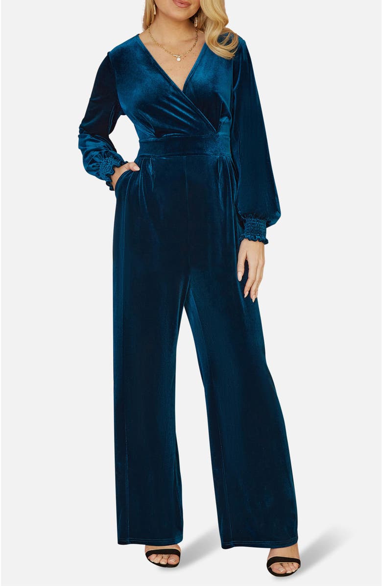 Yumi Velvet Long Sleeve Jumpsuit, Alternate, color, Teal