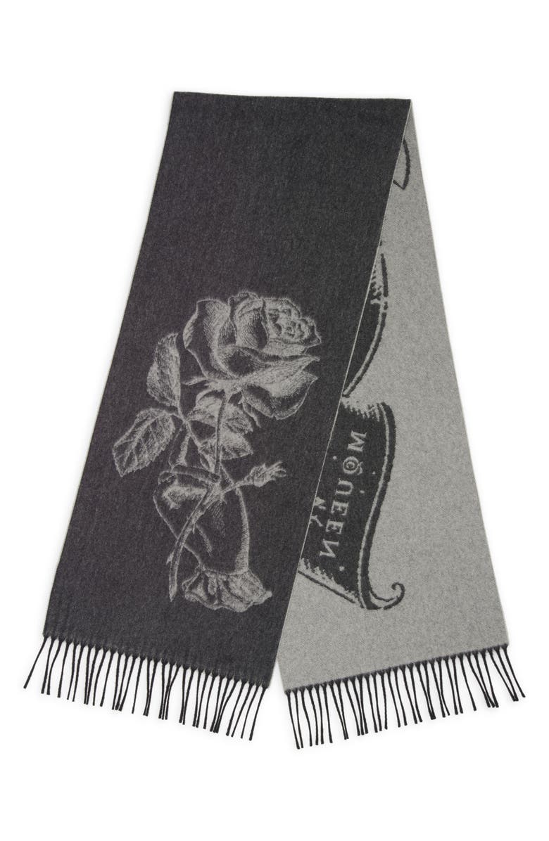 McQueen Tattoo Jacquard Wool & Cashmere Fringe Scarf, Alternate, color, Black