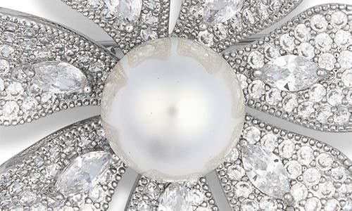Eye Candy Los Angeles Harmony Cz & Faux Pearl Flower Brooch In Silver