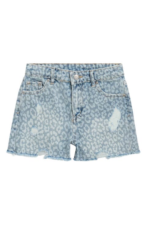 Kids' Ripped Denim Shorts (Blue Leopard) (Big Kid)