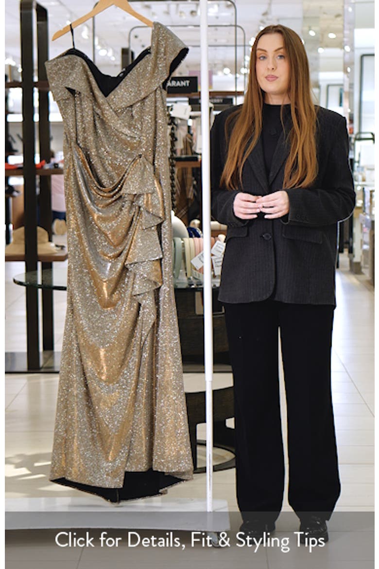 Raveena Foil Knit Off the Shoulder Ruched Gown video
