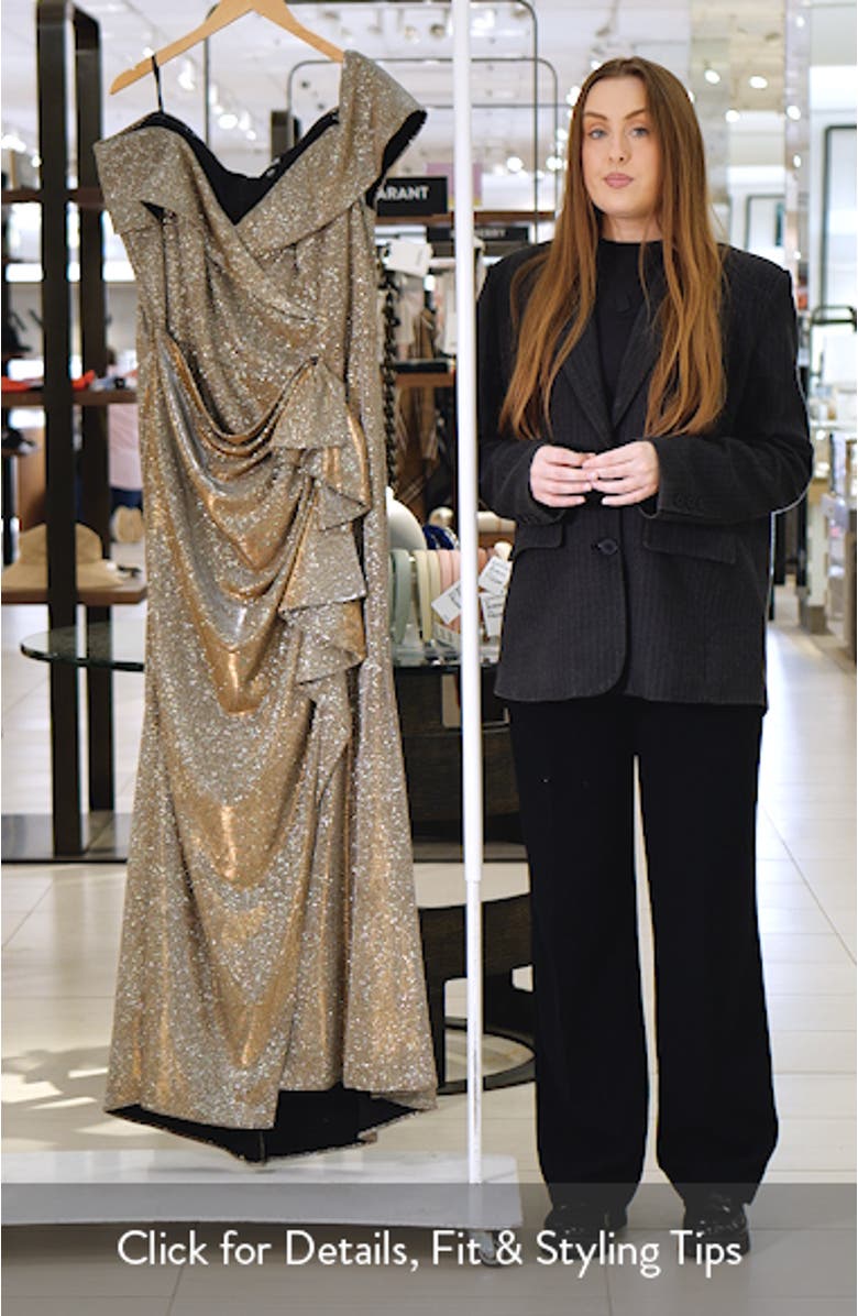 Raveena Foil Knit Off the Shoulder Ruched Gown, sales video thumbnail