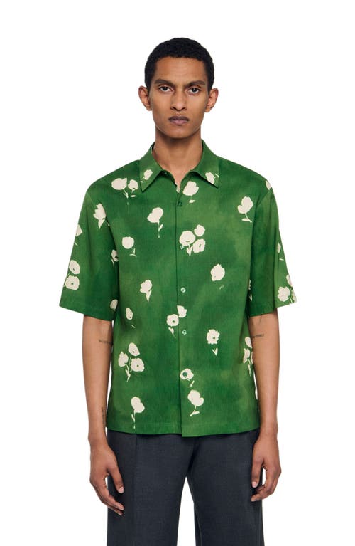 Sandro Mens Lime Floral-print Regular-fit Stretch Linen-blend Shirt In Green