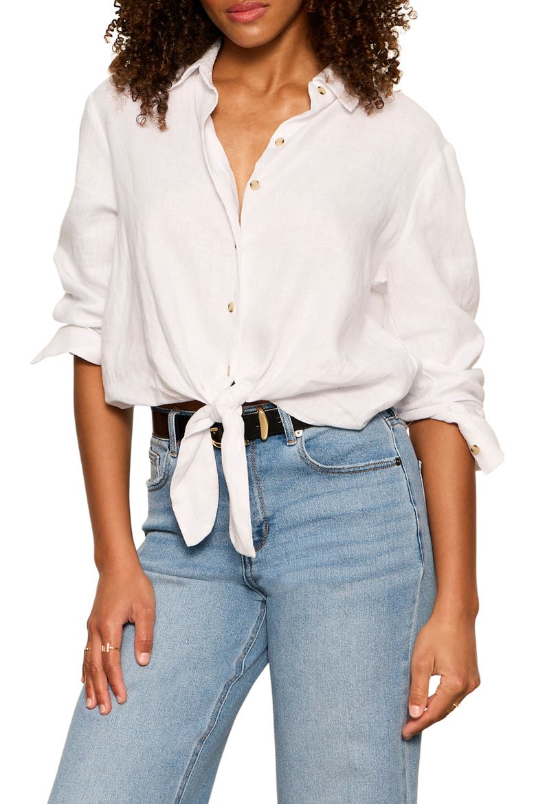 More Love Tie Front Linen Blend Top, Main, color, WHITE