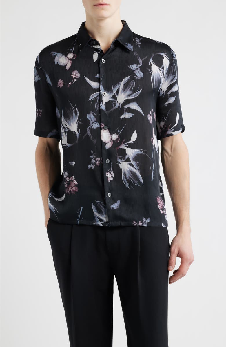 Open Edit Oversize Floral Short Sleeve Silk Button-Up Shirt, Main, color, Black Incandescent Floral