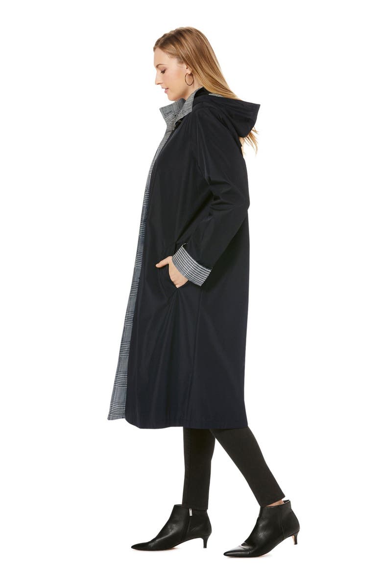 Jessica London Contrast Hood Raincoat, Alternate, color, Black Ivory Glen Plaid