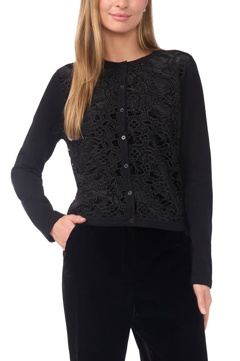 Mave Lace Overlay Cardigan, Main, color, RICH BLACK