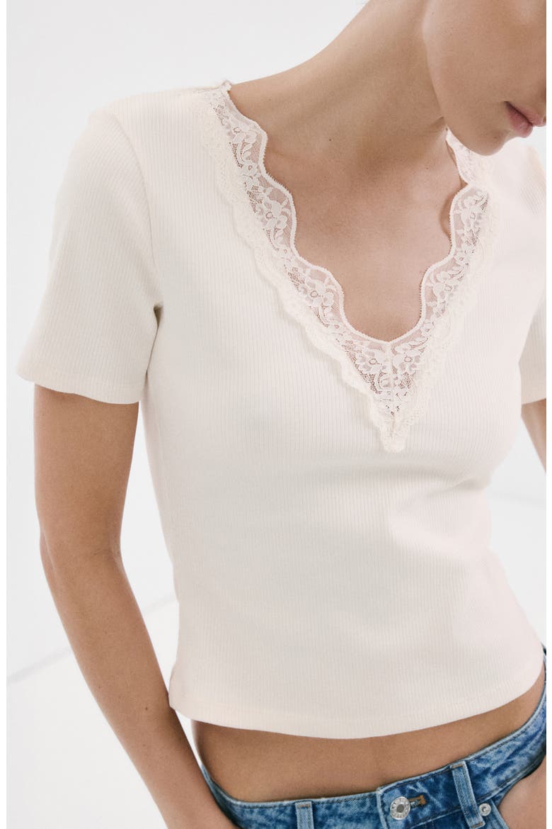 Lace Trim Rib Knit Crop Top, Alternate, color, ECRU