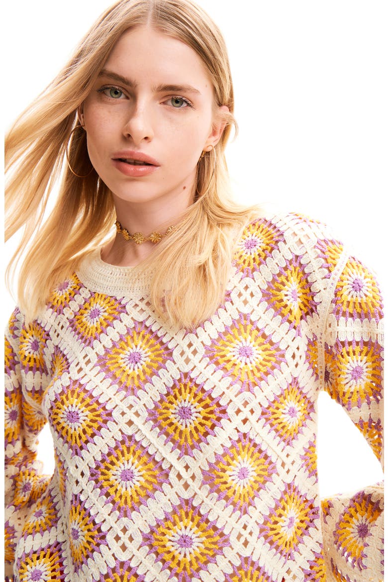 Multicolor Crochet Pullover, Alternate, color, WHITE